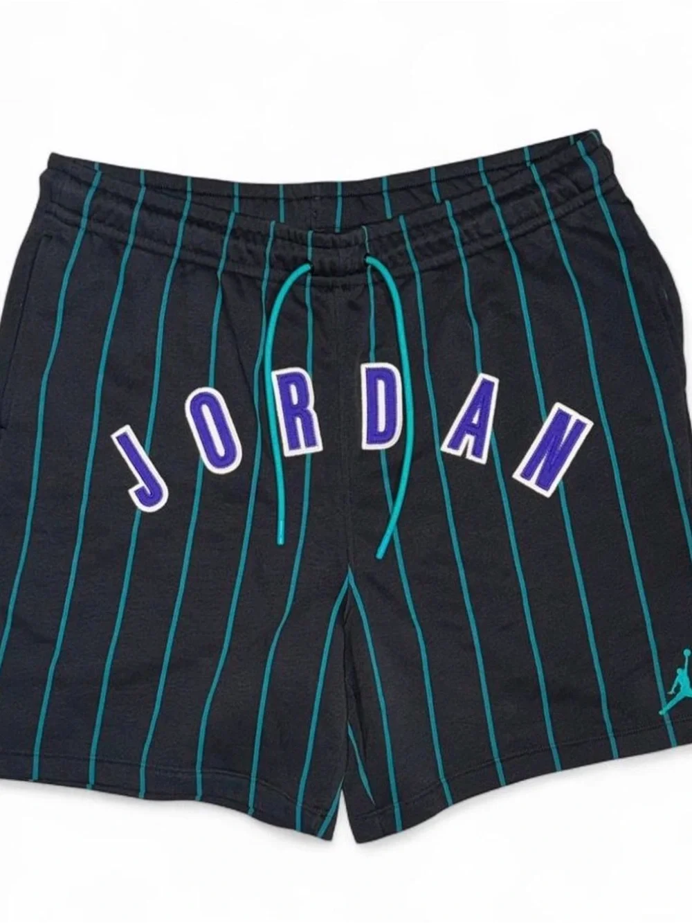 Jordan Men’s Black Shorts with Teal Pinstripes and Purple Lettering